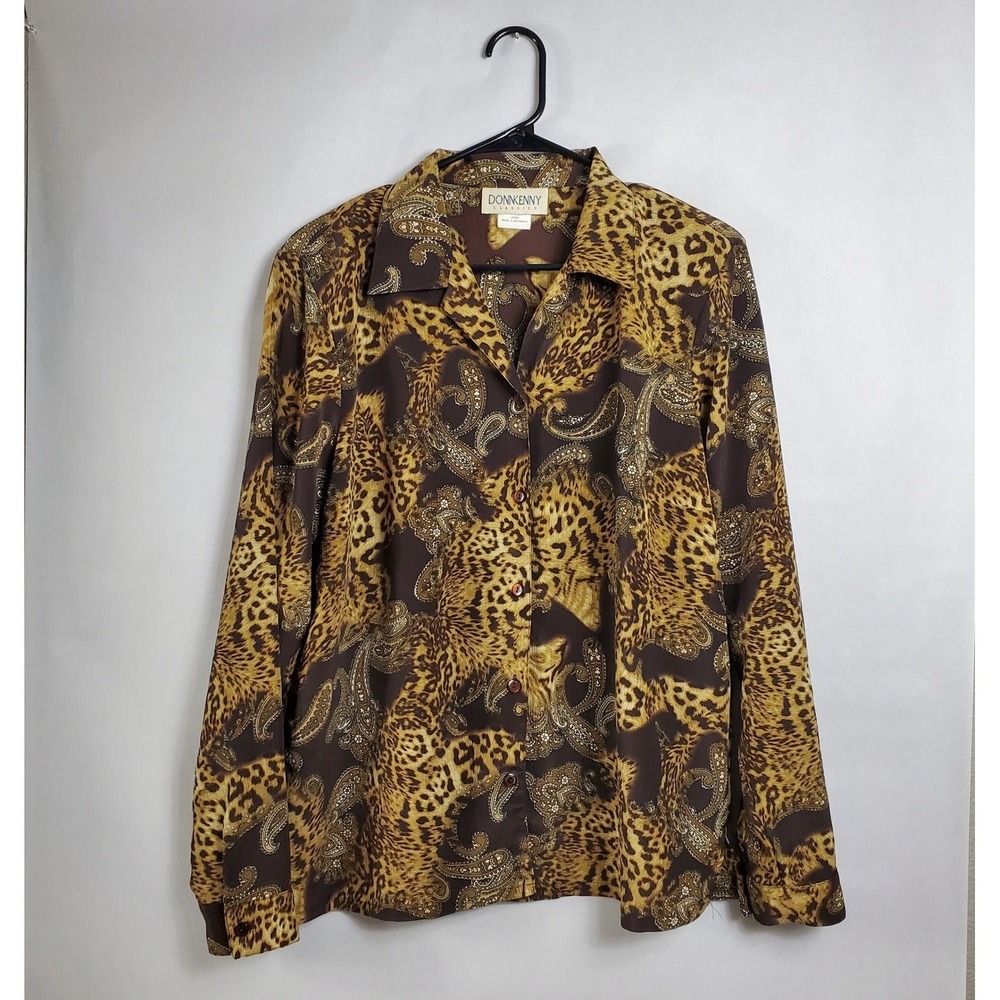 DONNKENNY CLASSICS Leopard Paisley Print Button Up Shirt Top Women's Large
